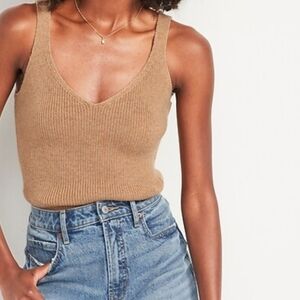 Old Navy Small V-Neck Ribbed Knit Beige Sleeveless Tank Top Wool Blend.